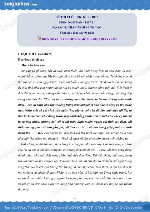 Đề thi học kì 1 Văn 11 Chân trời sáng tạo - Đề số 3